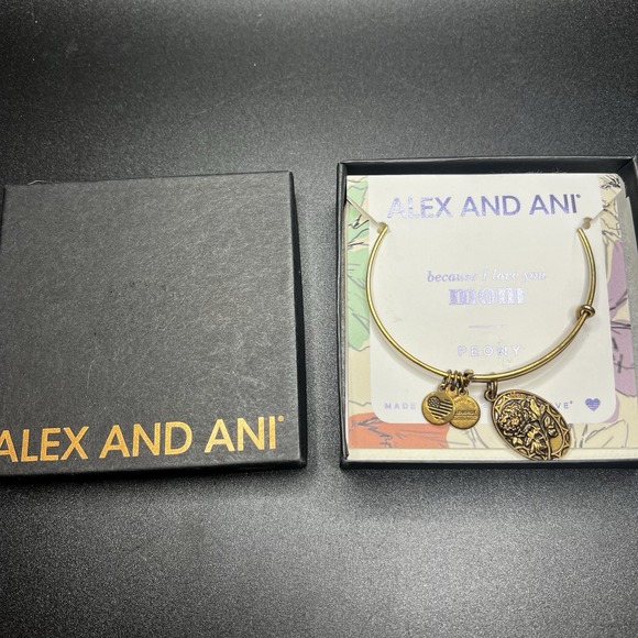 Alex and Ani Because I Love You MOM Peonies Floral Gold Bangle With Box - Picture 1 of 2